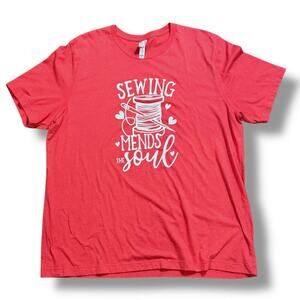 Sewing Mends the Soul T-Shirt Womens Red Graphic Print Grannycore Craft Tee 2XL
